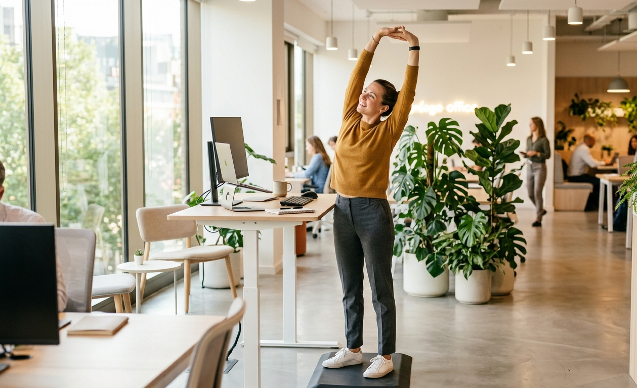 Person bei einer kurzen Bewegungspause am Arbeitsplatz, Sonnenlicht, modernes Büro